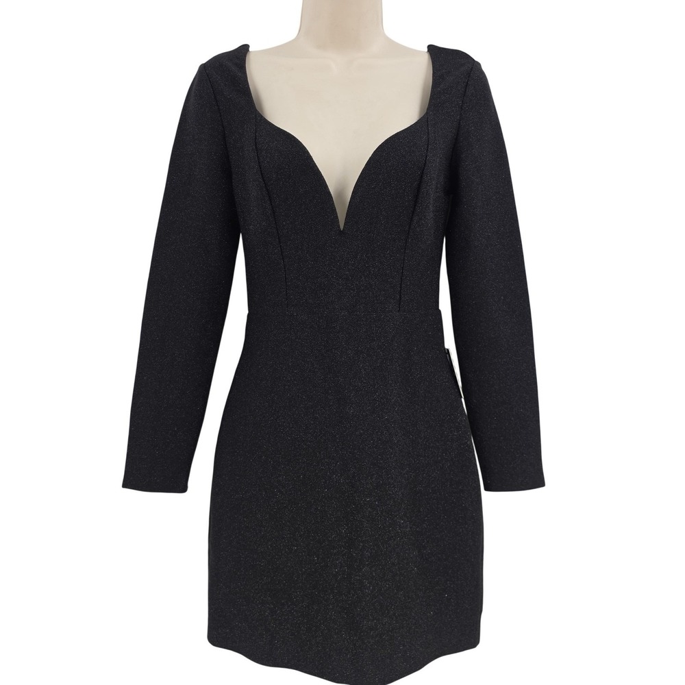 Express Dress Women XS Black Glitter Plunge V-Neck Bodycon Mini Office Siren